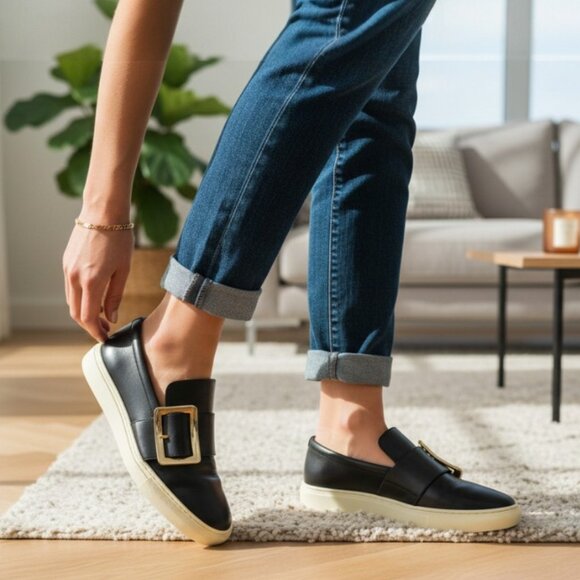 Bally Heska Black Leather Large gold Buckle Accent Slip On Sneakers Size 5.5 - Picture 2 of 10